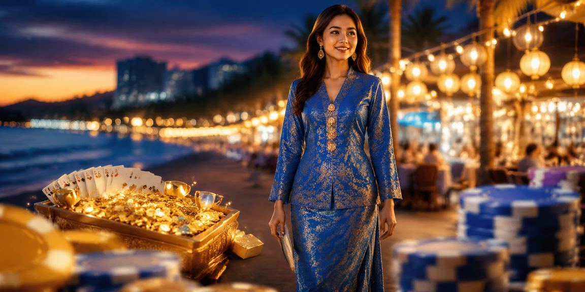Suasana permainan dan pertaruhan santai di Penang dengan pakaian tradisional baju kurung